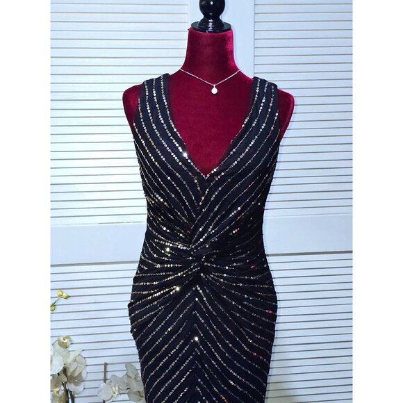 City Goddess London Women's Black Gold Sequin Maxi Dress With V-Neck Sz 6 2575 - Picture 5 of 15